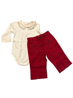 Janie and Jack London Town Ivory Peter Pan Collar Bodysuit with Red Pants 6-12 m